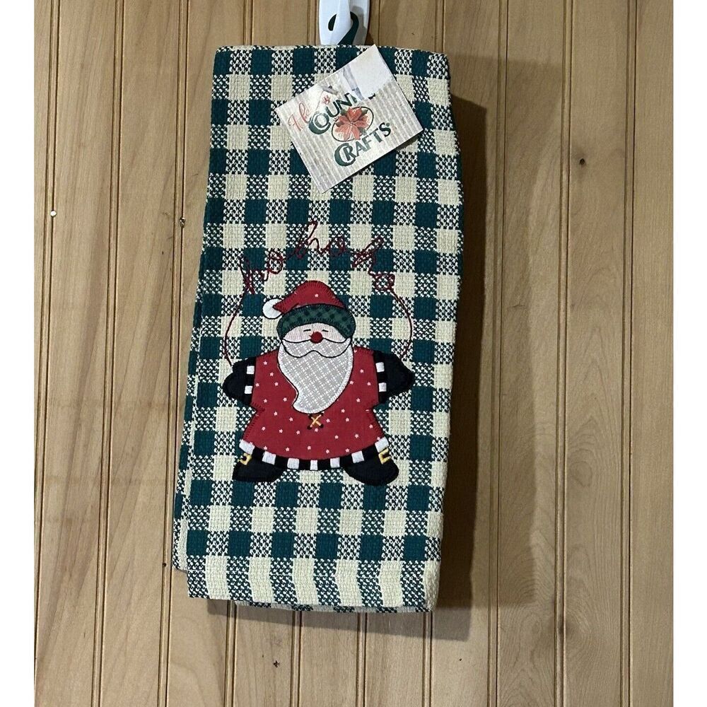 Country Crafts Kitchen 100% Cotton Hand Towel Christmas Green Check Santa Ho Ho